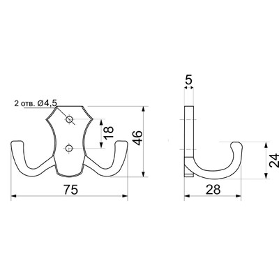 Крючок мебельный двухрожковый WP89 хром AKS  62138 (старый код 54105)