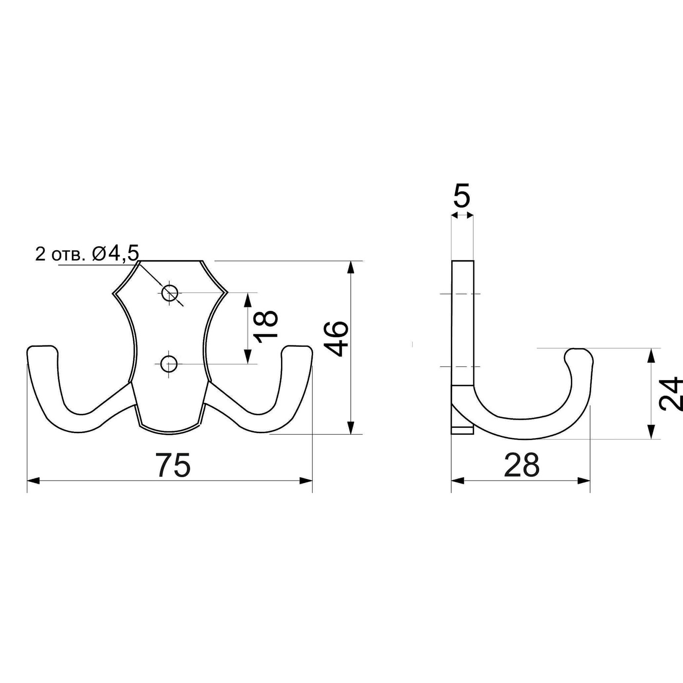 Крючок мебельный двухрожковый WP89 хром AKS  62138 (старый код 54105)