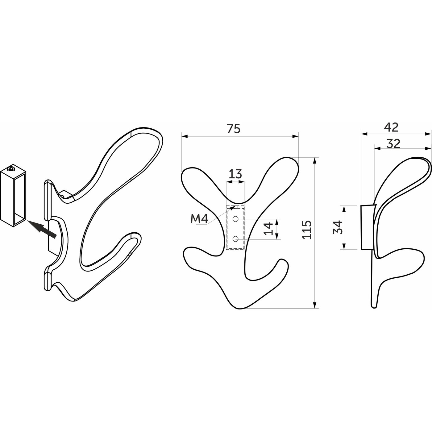 Крючок мебельный четырехрожковый KORAL черный матовый AKS 64163