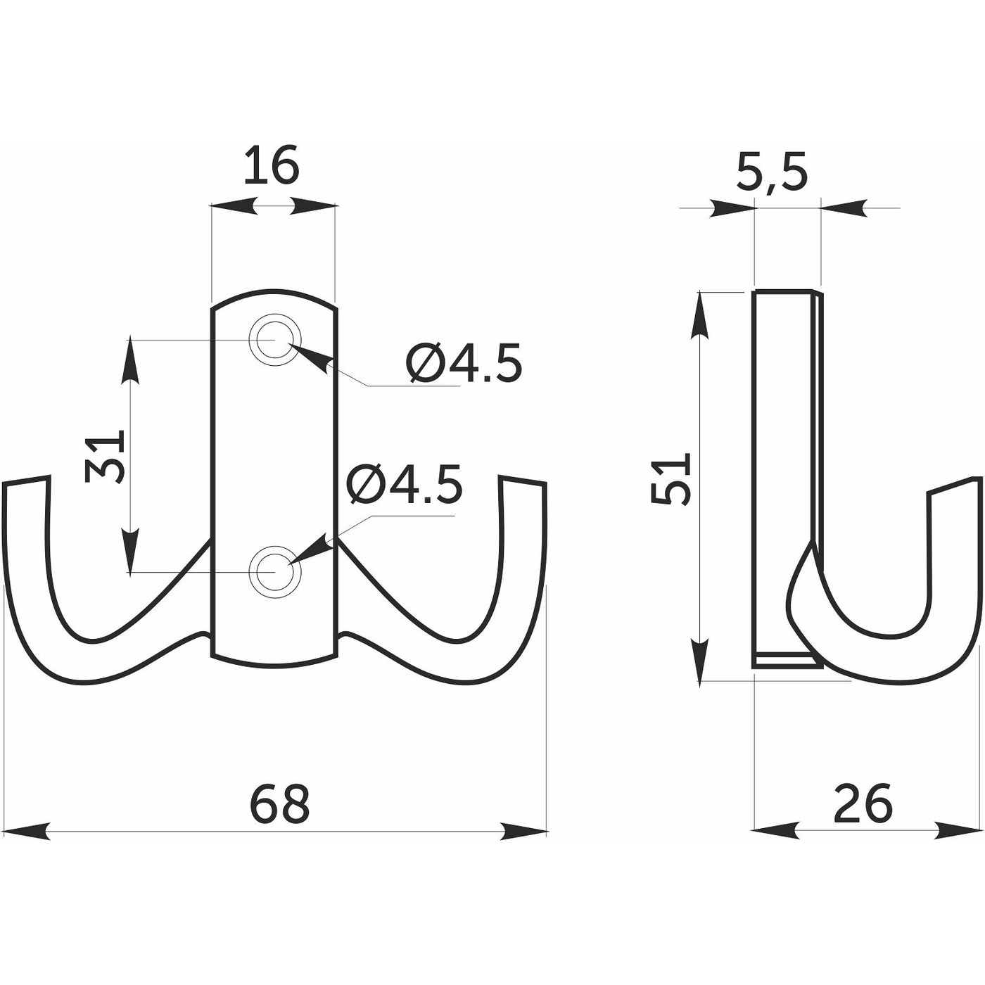 Крючок мебельный двухрожковый WP13 черный AKS  69606