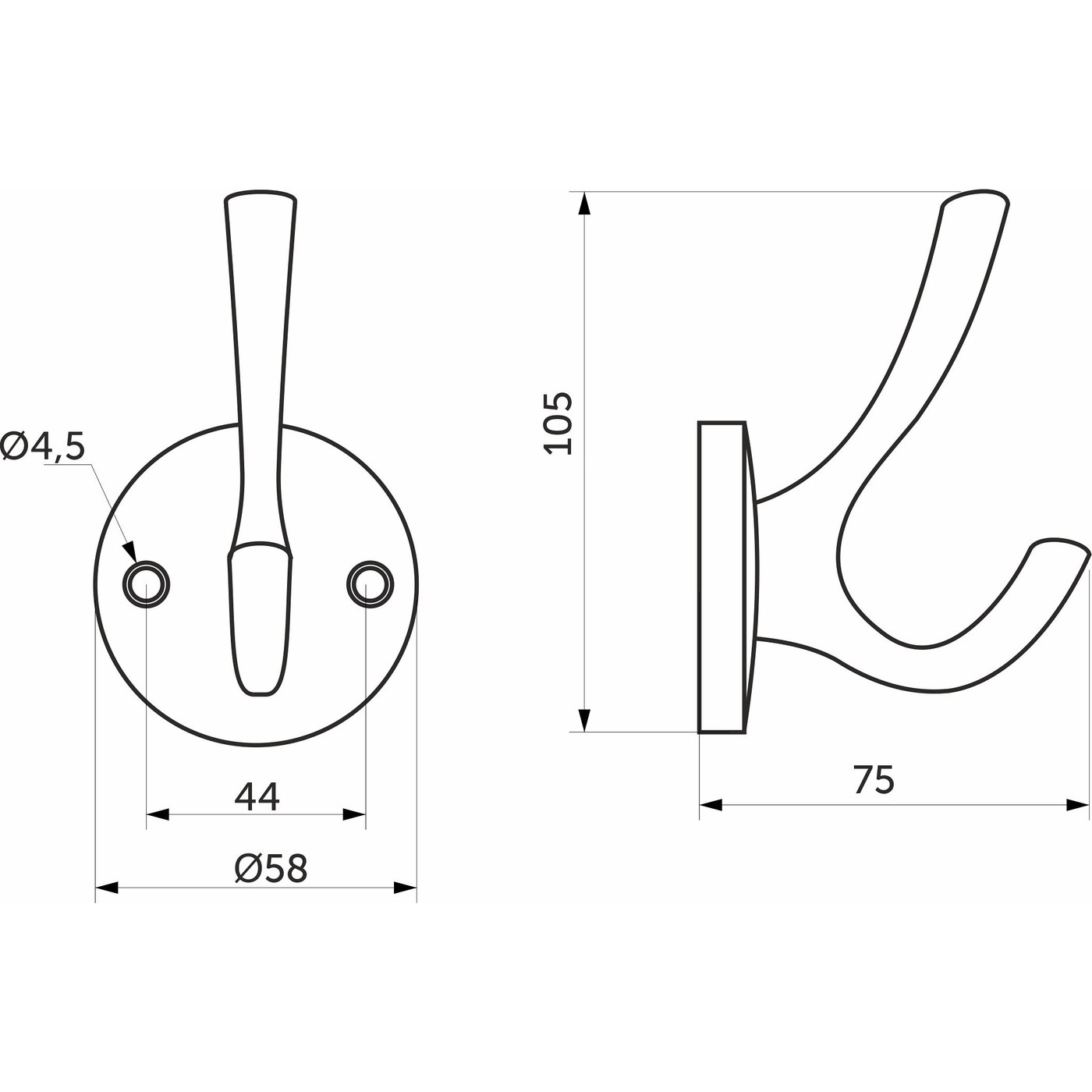 Крючок мебельный двухрожковый HORN шлифованный никель AKS 56838