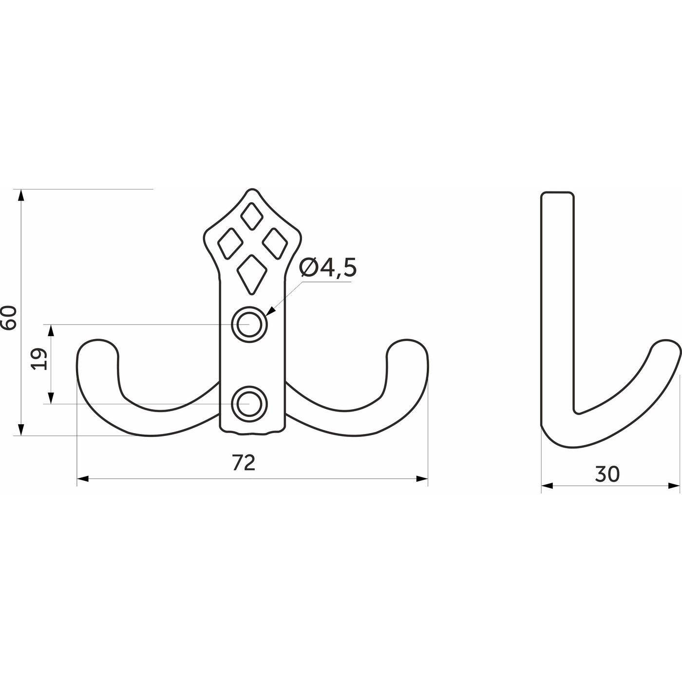 Крючок мебельный двухрожковый PALAZZO античная латунь AKS 81197