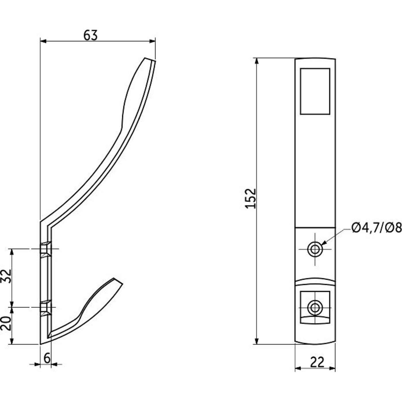 Крючок мебельный двухрожковый W007 хром матовый (тип2) AKS 93729