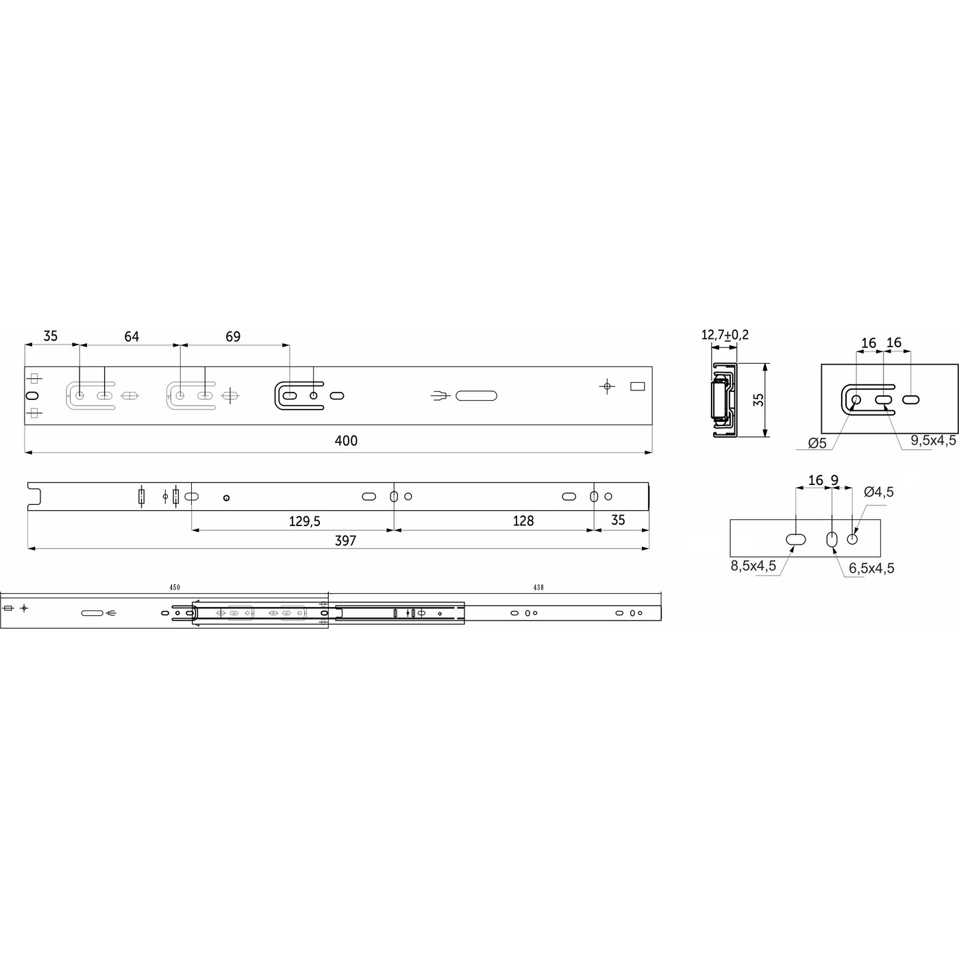 Направляющая шариковая  h35 L-400 с доводчиком AKS PLUS 81791