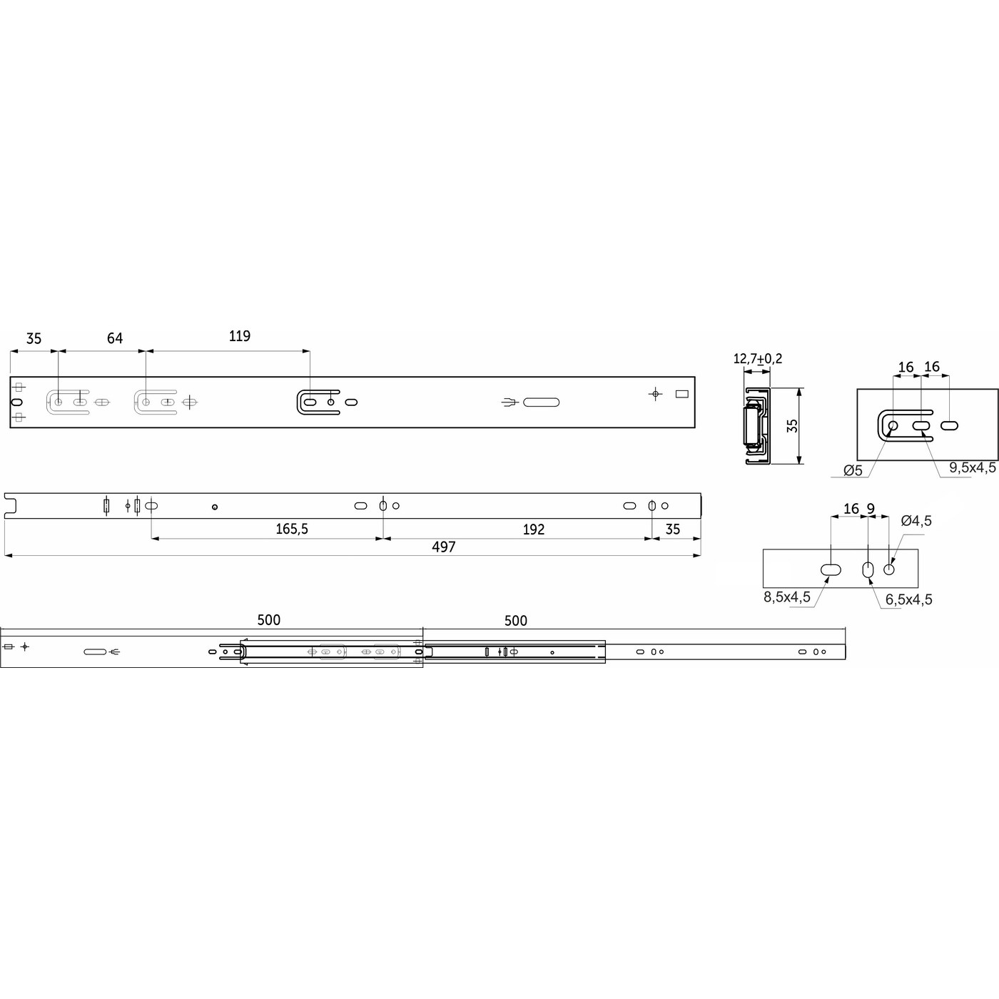 Направляющая шариковая  h35 L-500 с доводчиком AKS PLUS 81793