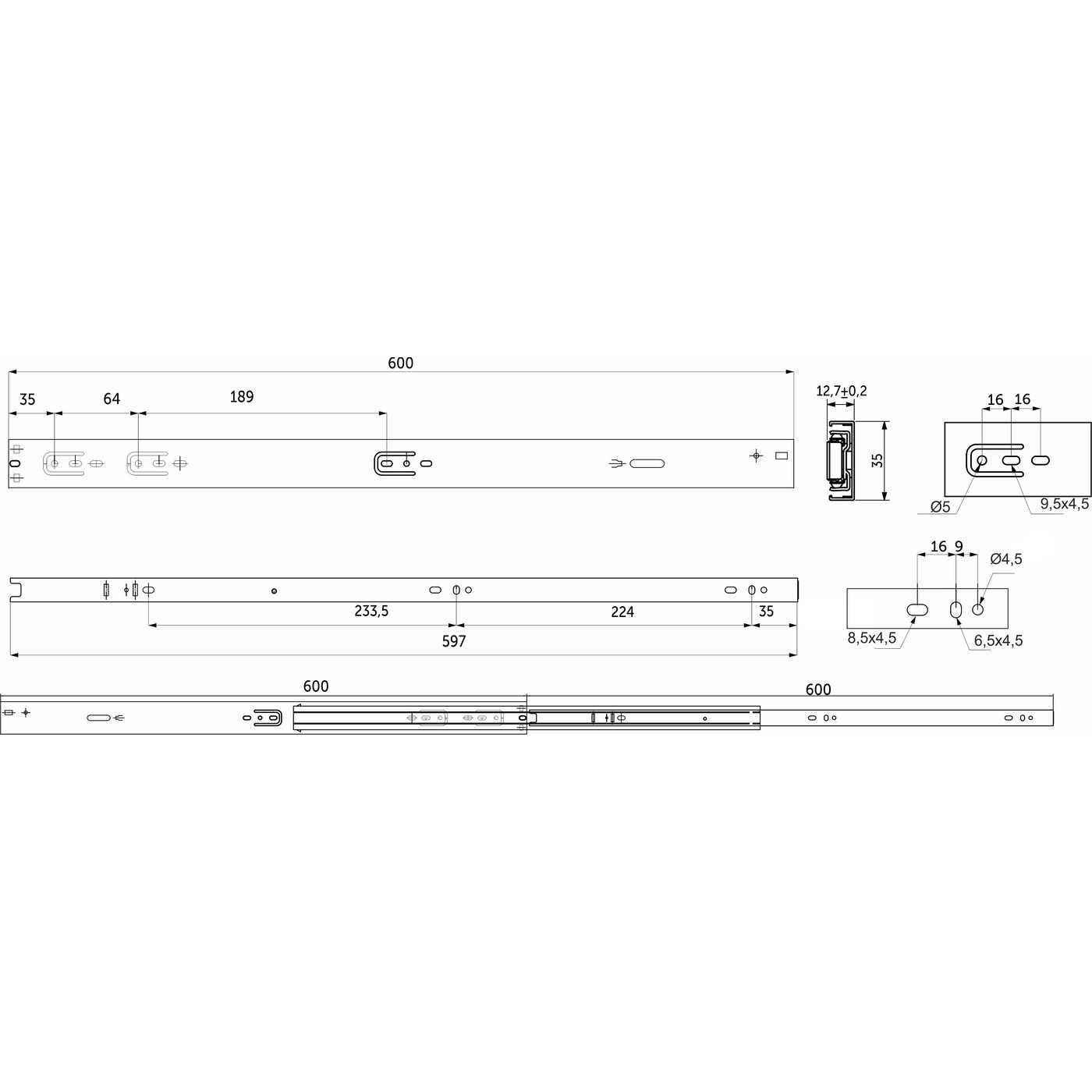 Направляющая шариковая h35 L-600 AKS PLUS SOFT CLOSE AKS 81795