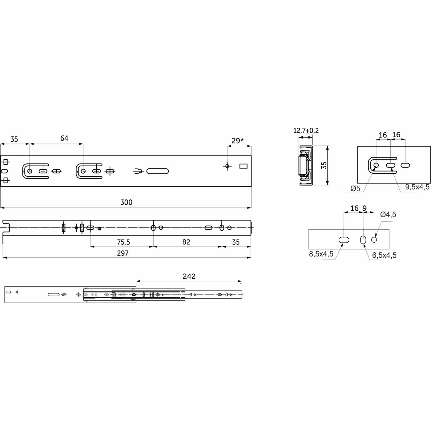 Направляющая шариковая  h35 L-300 с доводчиком AKS SOFT CLOSE 115390 (аналог 81783)
