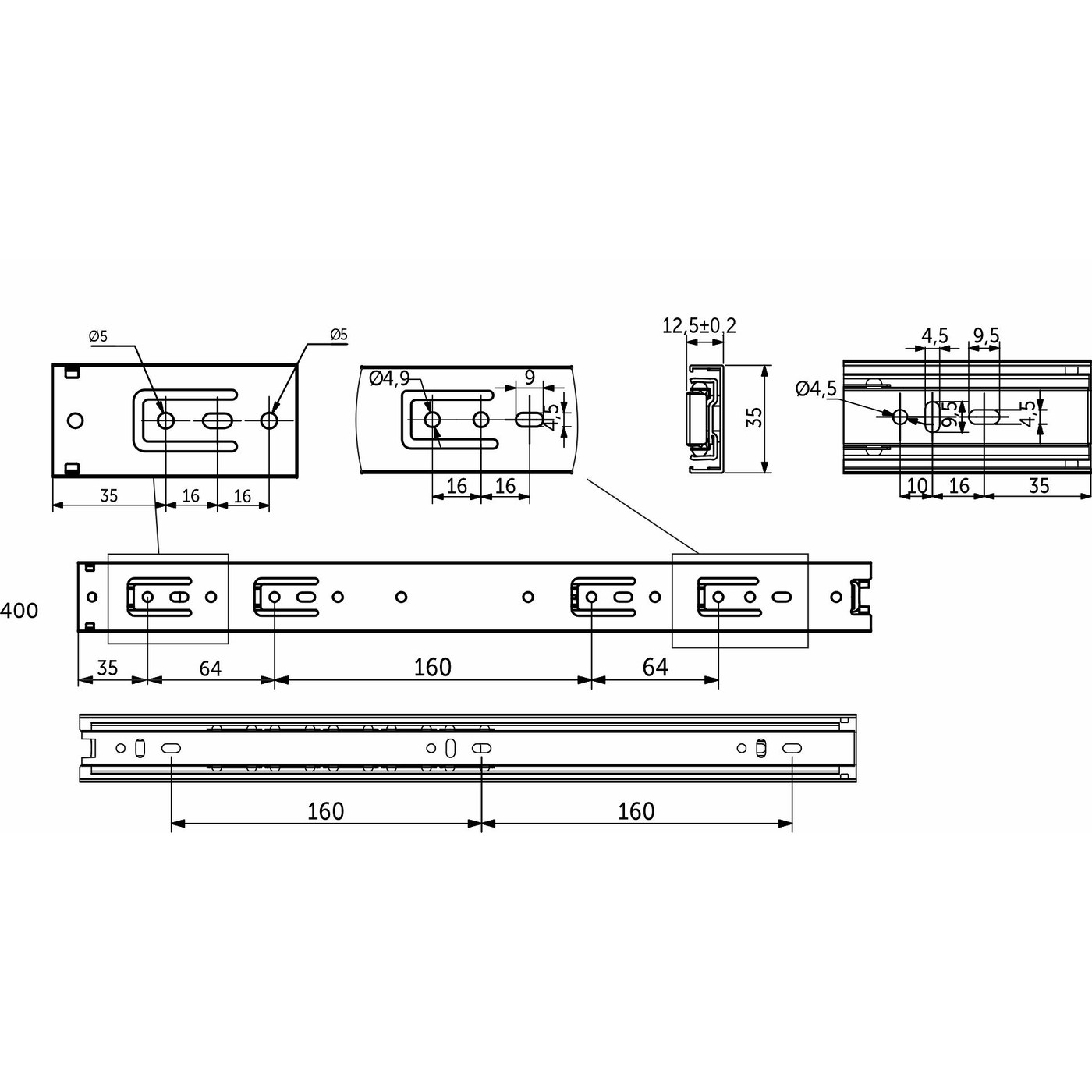 Направляющая шариковая h35 L-400 GRIDLI 106050 (аналог 44740)