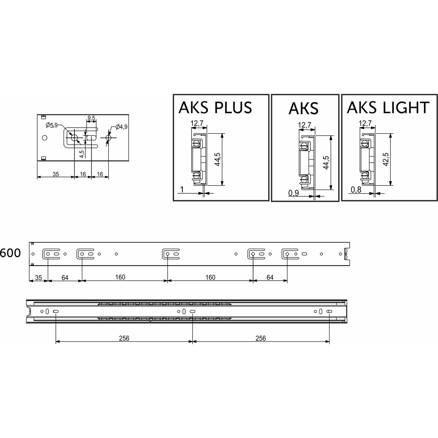Направляющая шариковая h45 L-600, AKS LIGHT 23003