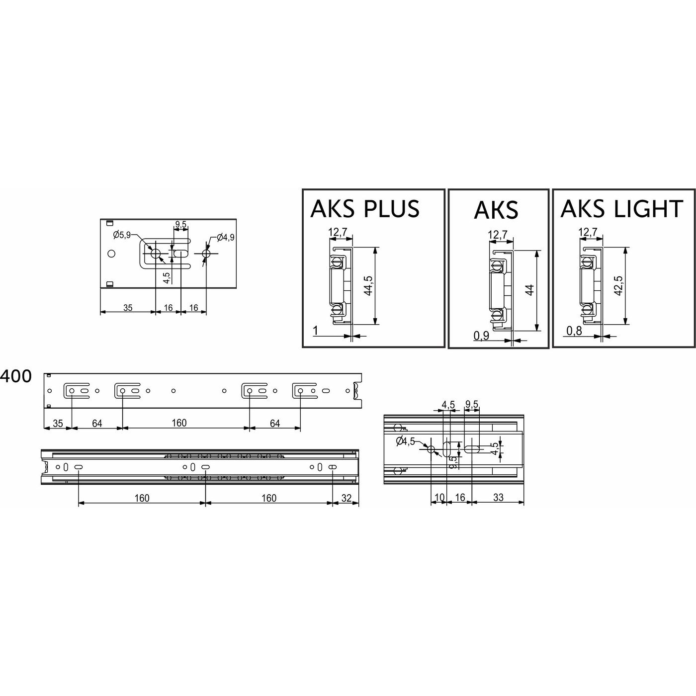 Направляющая шариковая h45 L-400 (аналог 22010) BD AKS LIGHT 22999 (новый код 109972)