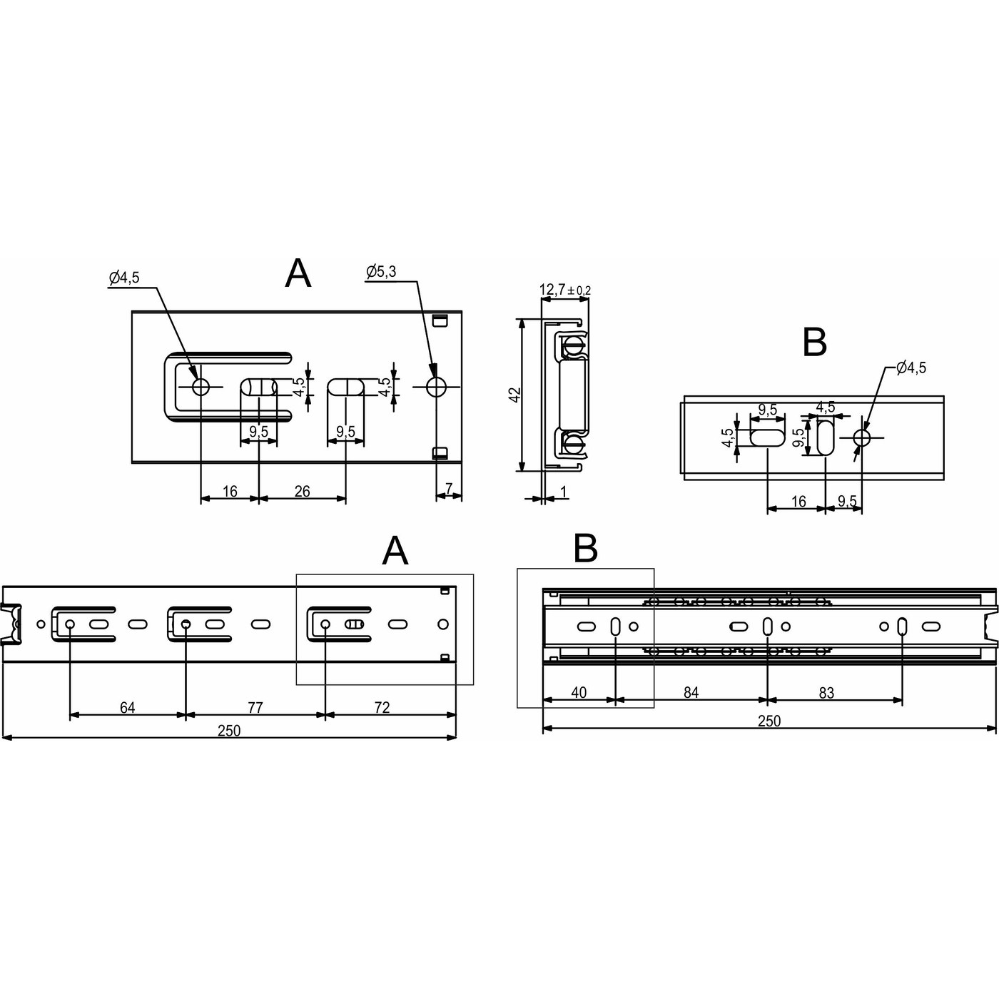 Направляющая шариковая h45 L-250, BD AKS 61411