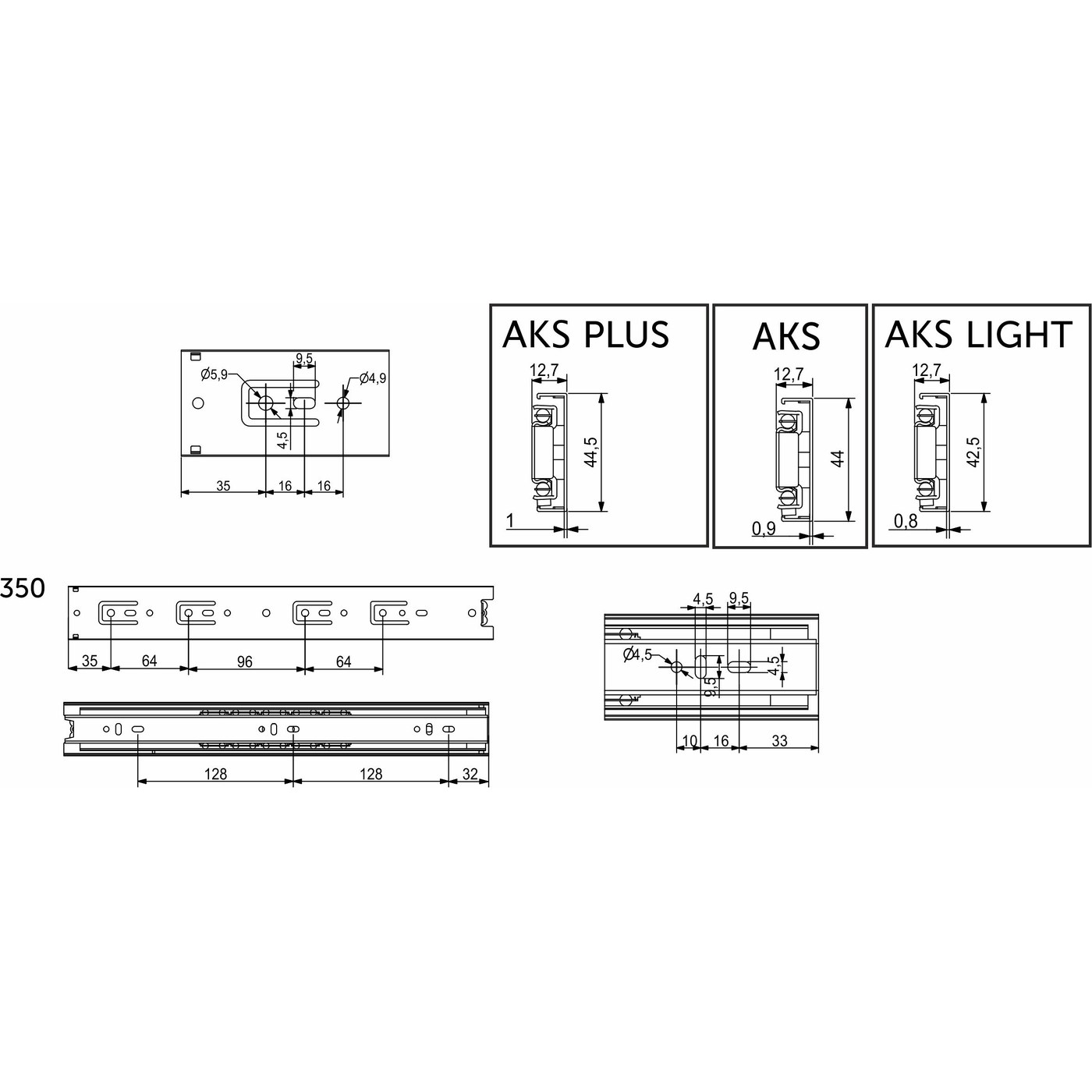 Направляющая шариковая h45 L-350, AKS PLUS  73785