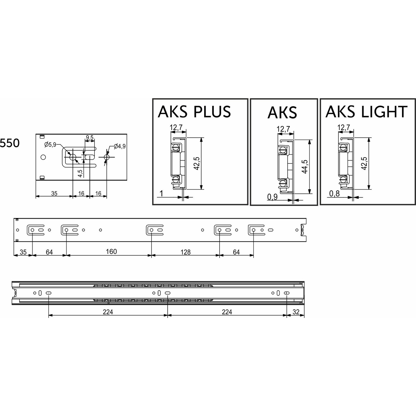 Направляющая шариковая h45 L-550 (аналог 23002) AKS 22013