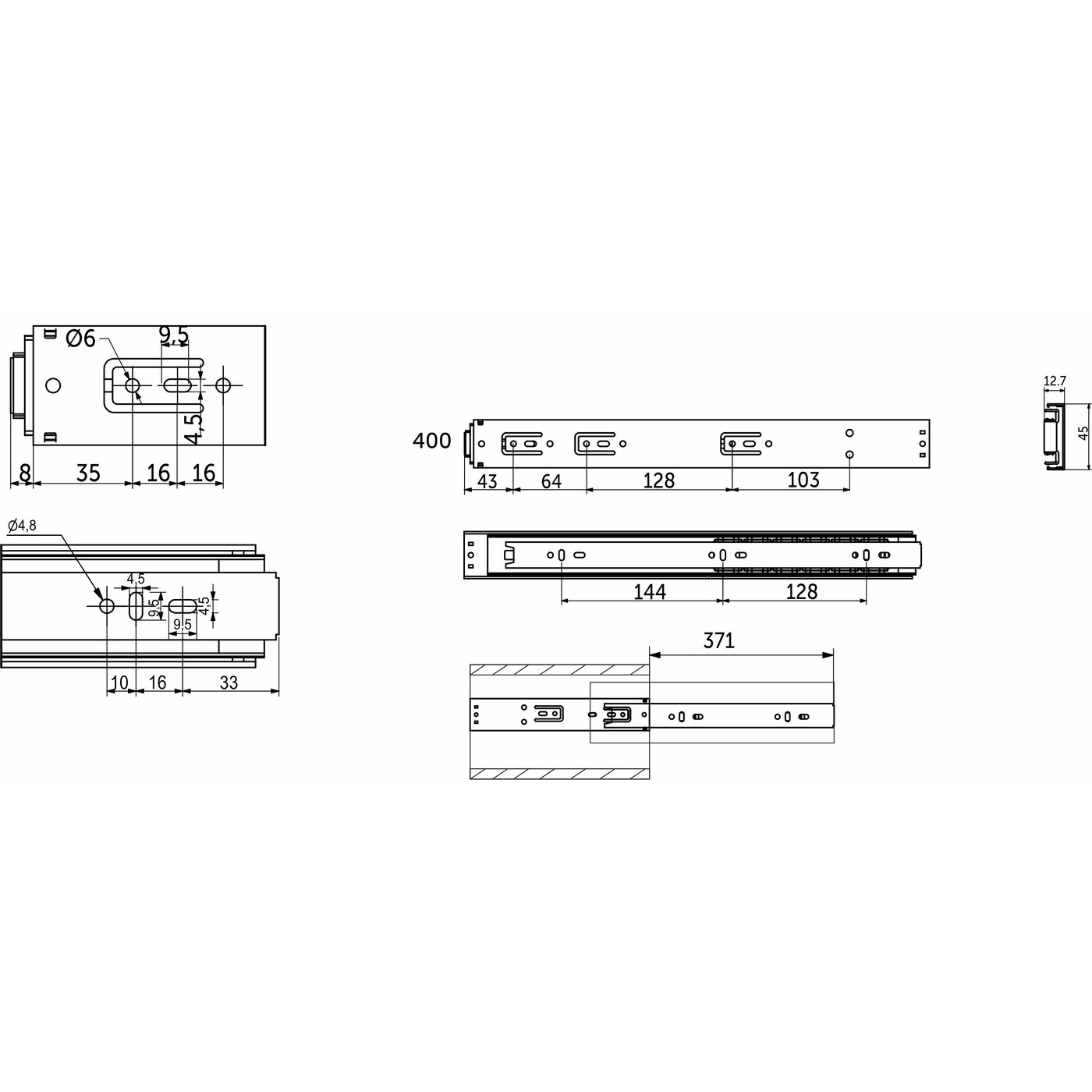 Направляющая шариковая h45 Push-to-open L-400, AKS PLUS 39194 (новый арт.114790)