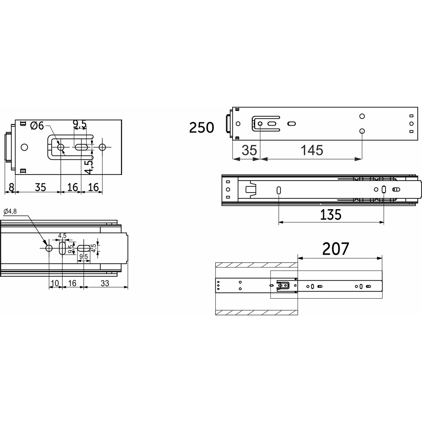 Направляющая шариковая h45 Push-to-open L-250, AKS PLUS 69574