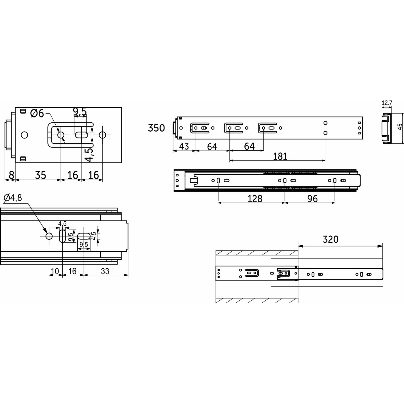 Направляющая шариковая h45 Push-to-open L-350 AKS PLUS 39197 (нов.код 114789)