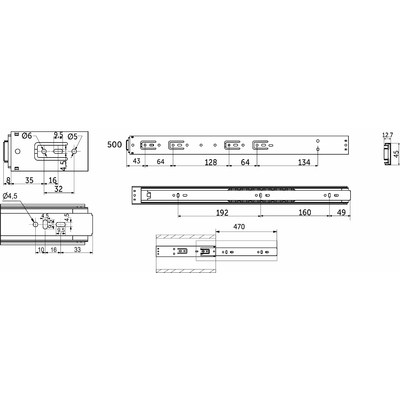 Направляющая шариковая h45 Push-to-open L-500, AKS PLUS 39196