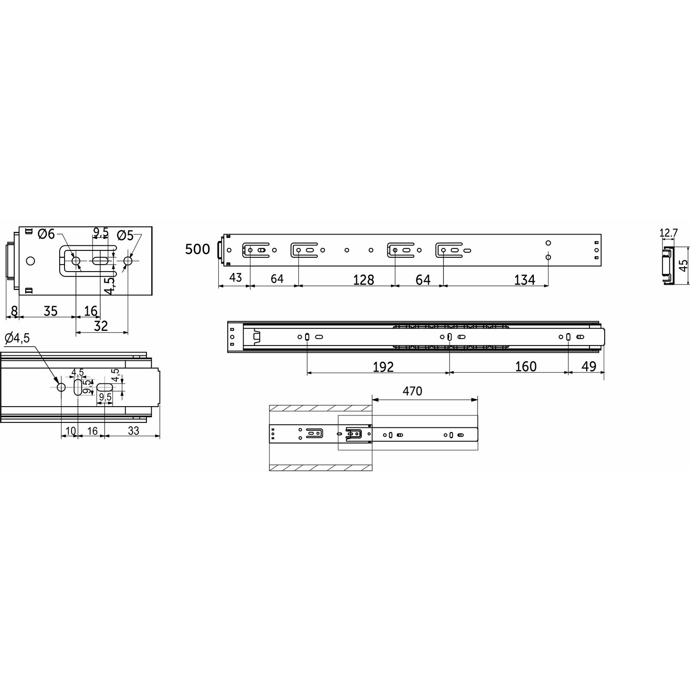 Направляющая шариковая h45 Push-to-open L-500, AKS PLUS 39196