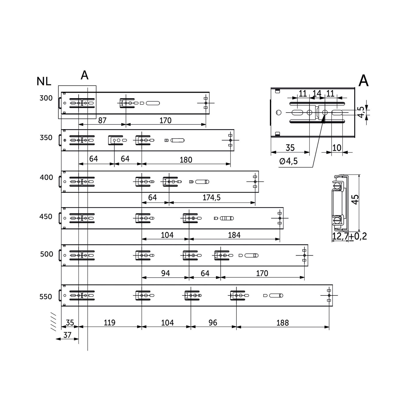 Направляющая шариковая h45 SMART Push-to-open с системой плавного закрывания L-500 AKS 80551