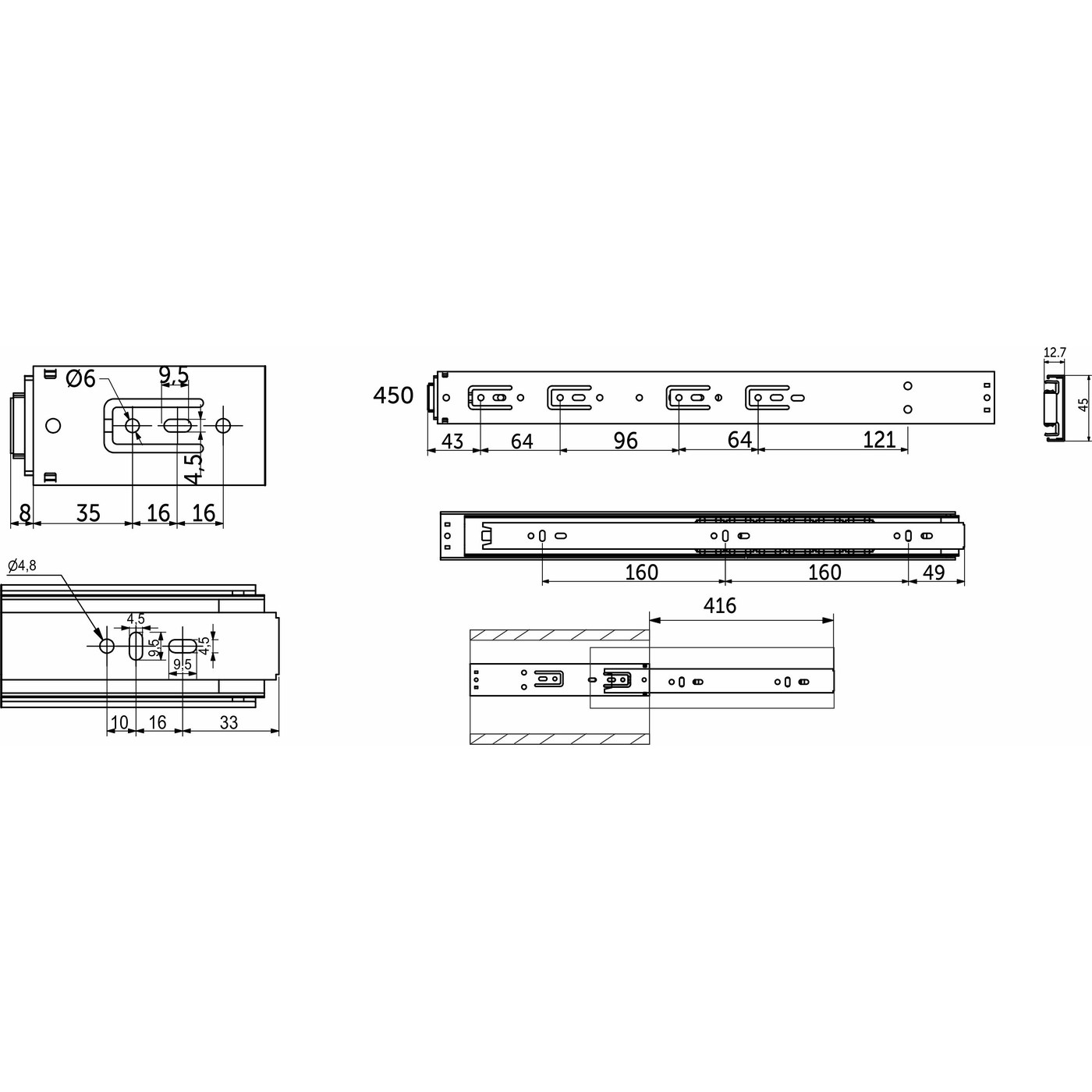 Направляющая шариковая h45 Push-to-open L-450, AKS (старый арт. 39195) 114791