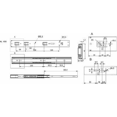 Направляющая шариковая h45 L-400 с доводчиком AKS PRIME 114795 (старый код 89853)