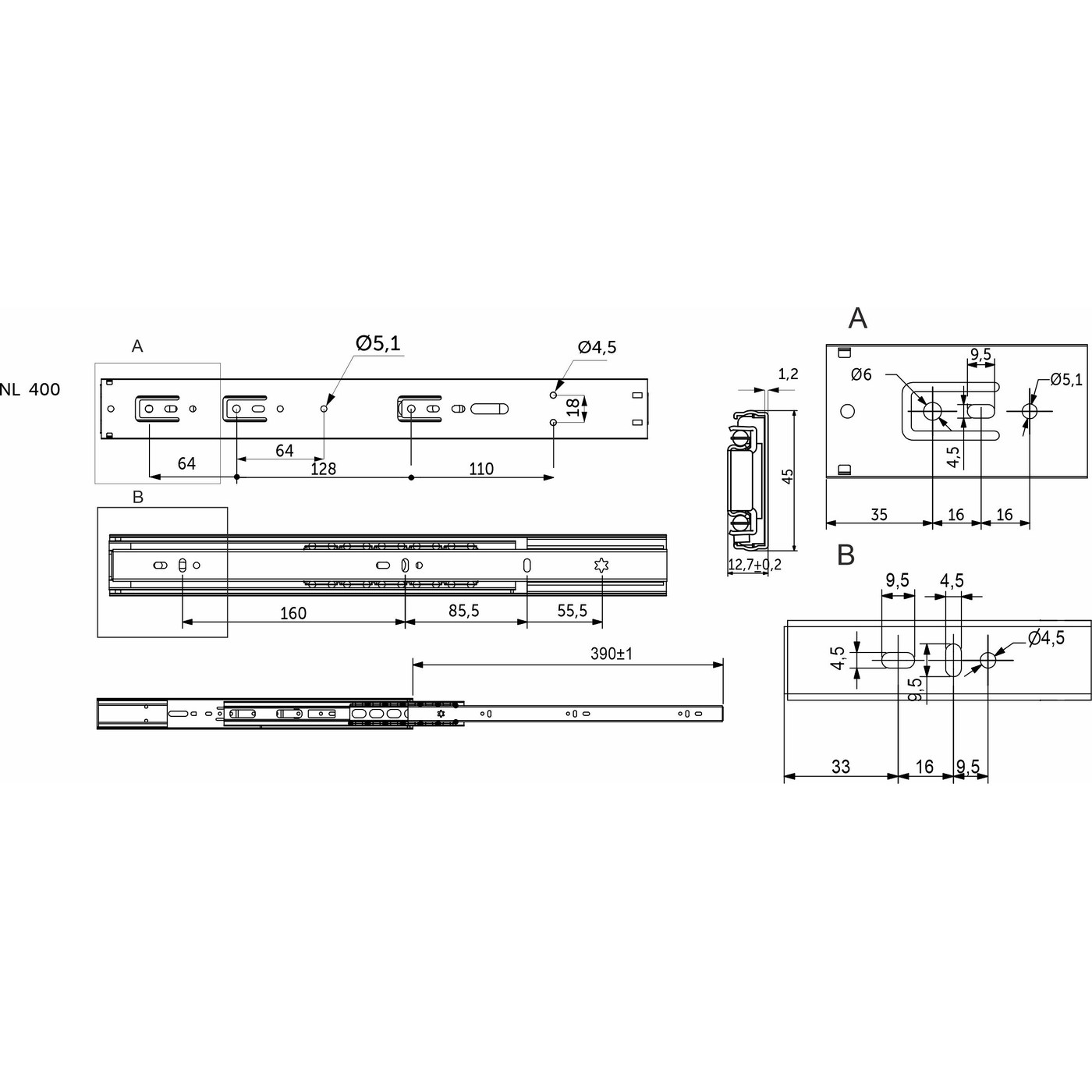 Направляющая шариковая h45 L-400 с доводчиком AKS PRIME 114795 (старый код 89853)