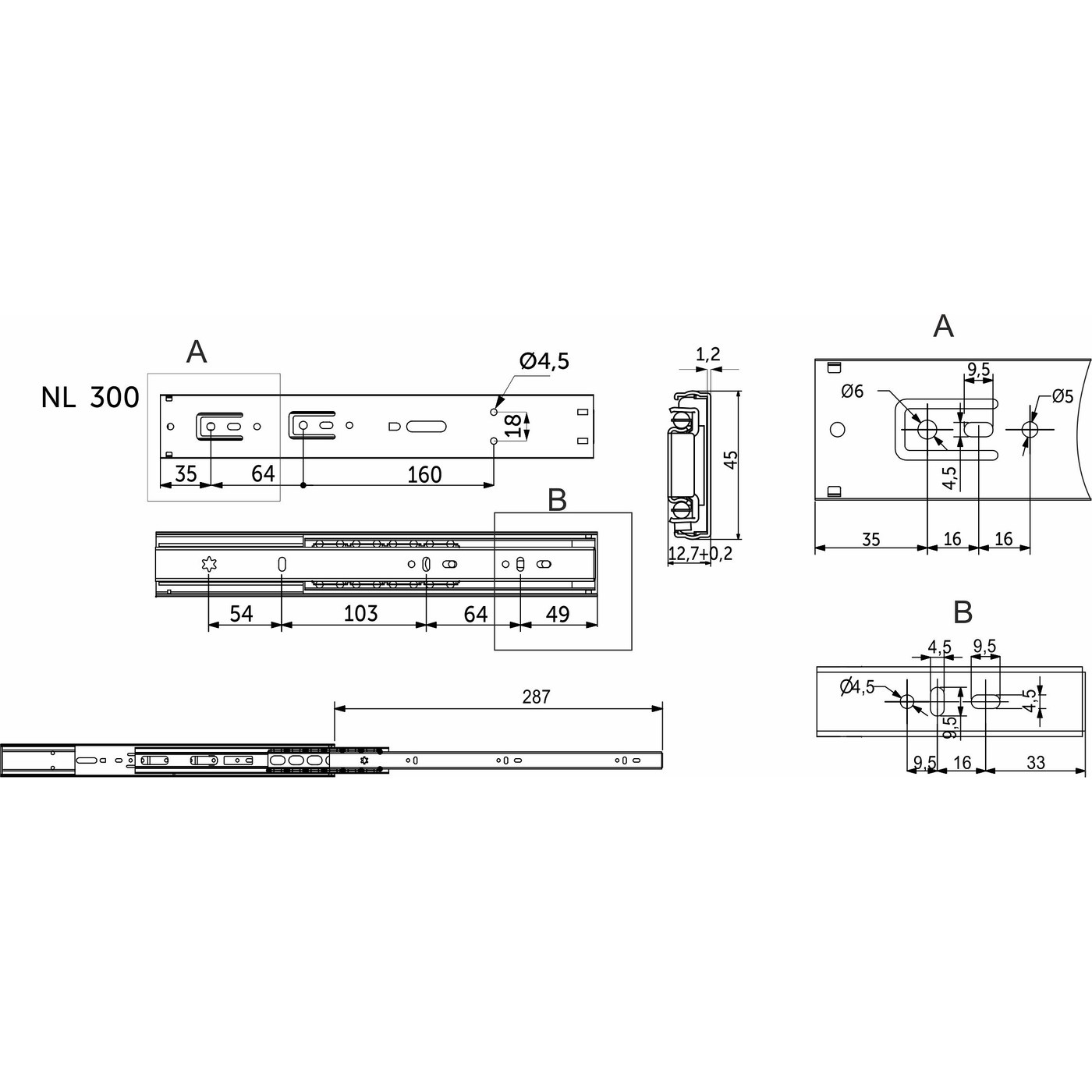 Направляющая шариковая h45 L-300 с доводчиком AKS PLUS 89851