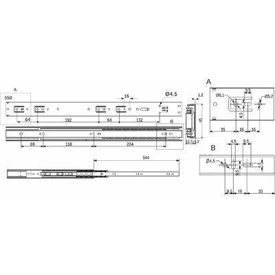 Направляющая шариковая h45 L-550 с доводчиком AKS PLUS 89856 (новый код 114798)