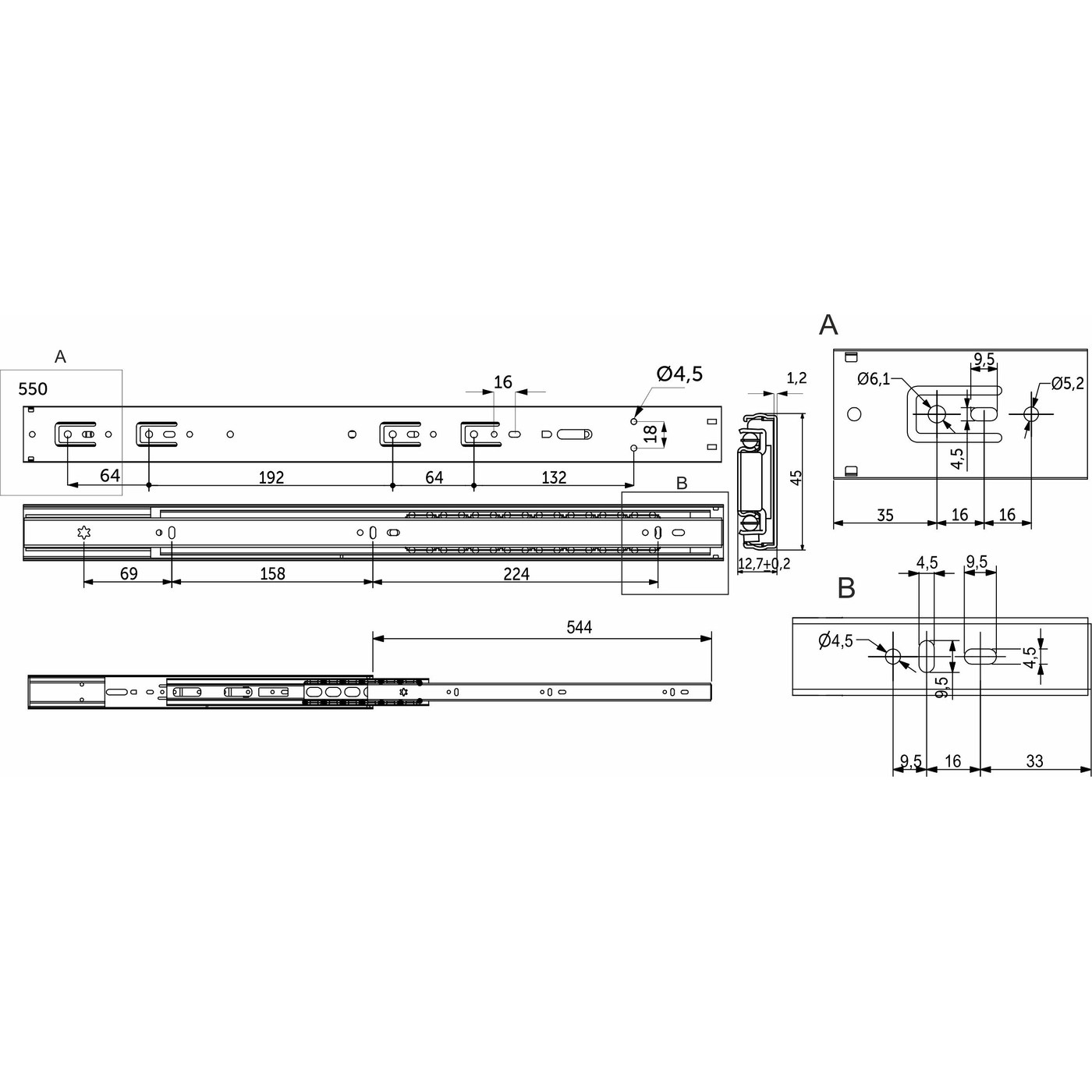 Направляющая шариковая h45 L-550 с доводчиком AKS PLUS 89856 (новый код 114798)