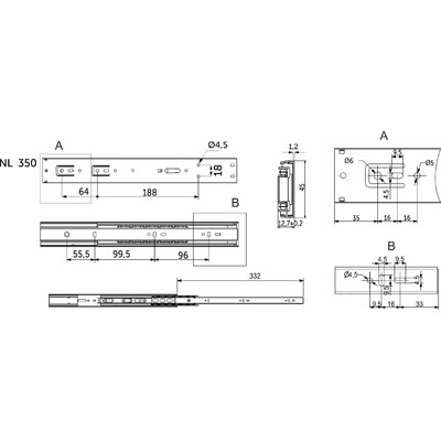 Направляющая шариковая h45 L-350 с доводчиком AKS PLUS 89852 (нов.код 114794)