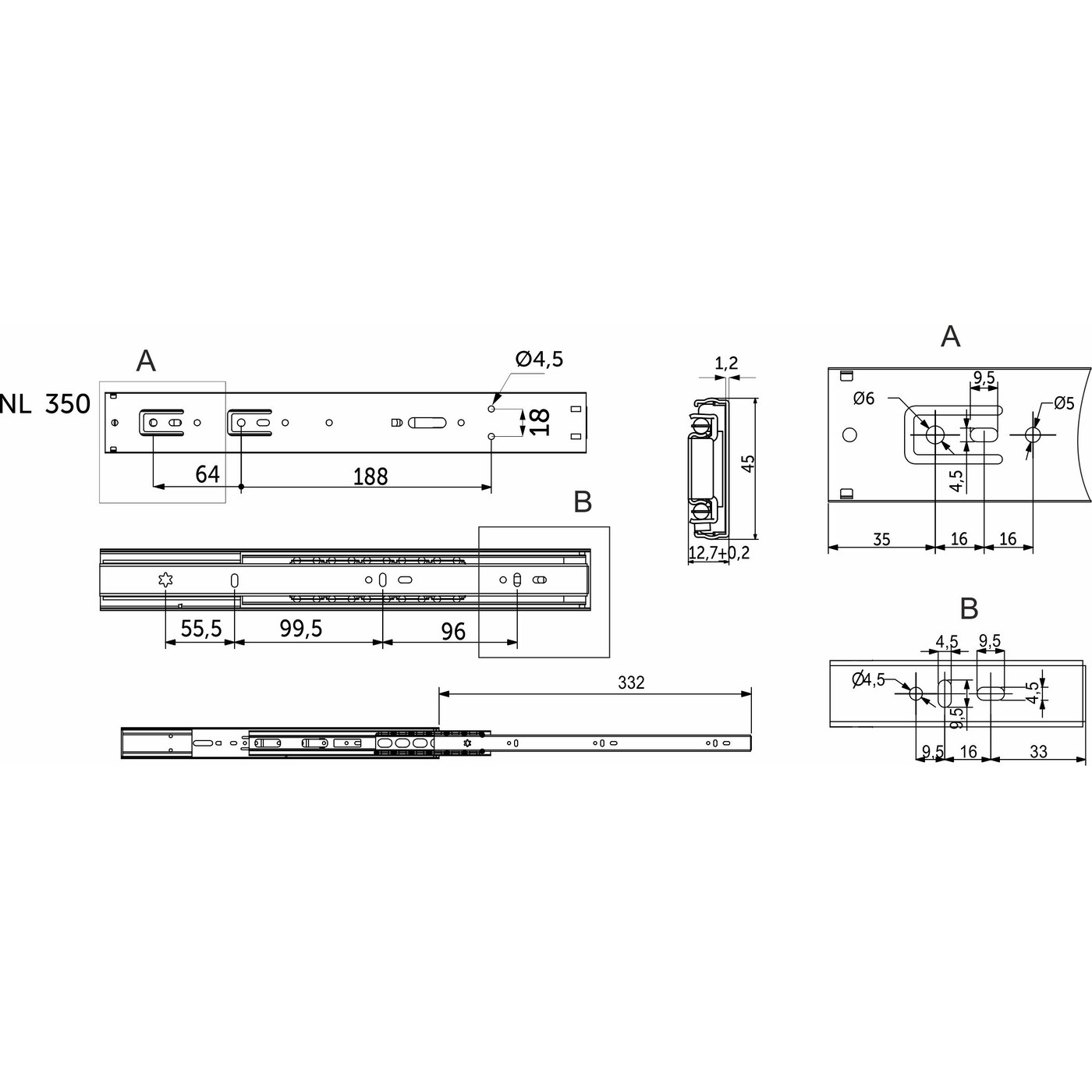 Направляющая шариковая h45 L-350 с доводчиком AKS PLUS 89852 (нов.код 114794)