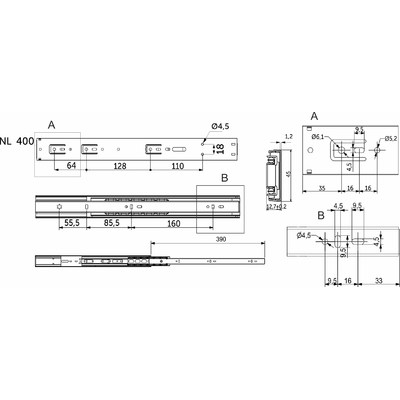 Направляющая шариковая h45 L-400 с доводчиком AKS PLUS 89853 (новый код 114795)