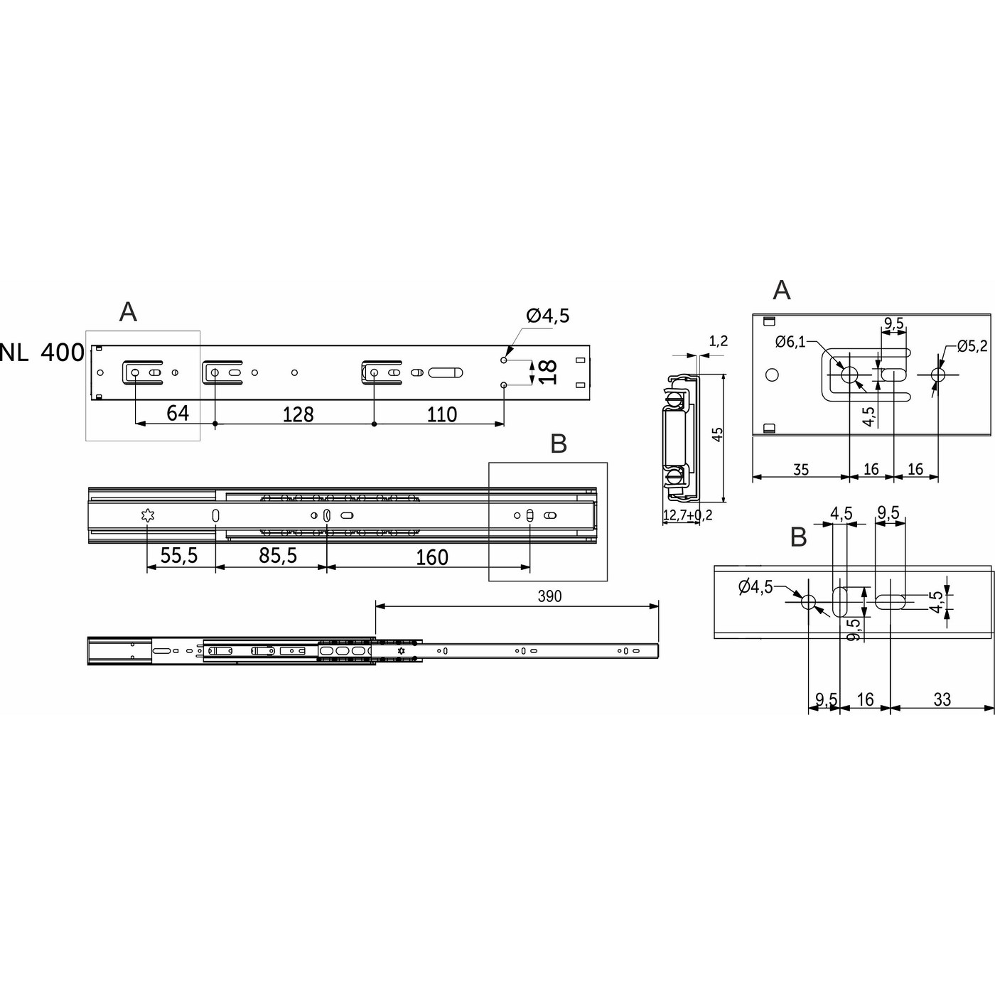 Направляющая шариковая h45 L-400 с доводчиком AKS PLUS 89853 (новый код 114795)