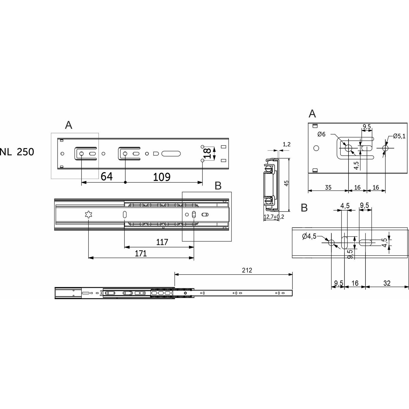 Направляющая шариковая h45 L-250 с доводчиком AKS PLUS 114792 (старый код 89850)