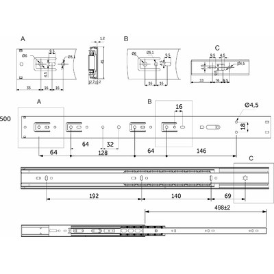 Направляющая шариковая h45 L-500 с доводчиком SOFT CLOSE PRIME by AKS 114797 (старый код 89855)