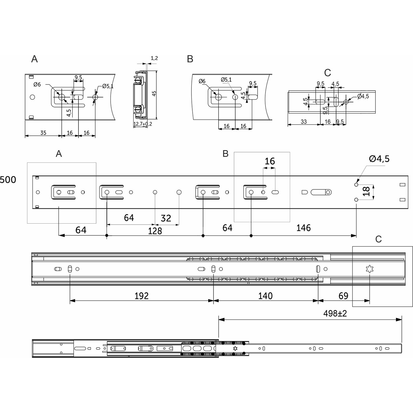 Направляющая шариковая h45 L-500 с доводчиком SOFT CLOSE PRIME by AKS 114797 (старый код 89855)