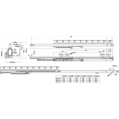 Направляющая Q Type скрыт.монтаж L-450 push-to-open ДСП16mm насадной монтаж, левая+правая, полное выдвижение AKS 87891