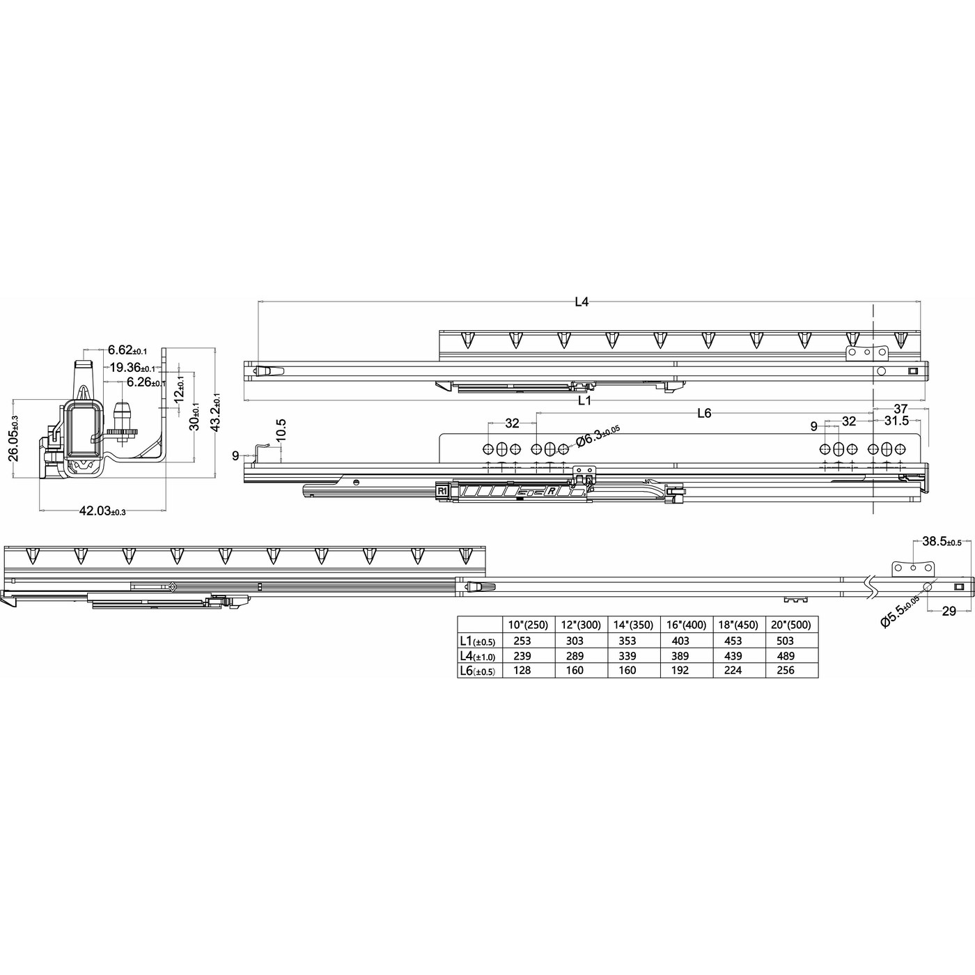Направляющая Q Type скрыт.монтаж L-450 push-to-open ДСП16mm насадной монтаж, левая+правая, полное выдвижение AKS 87891