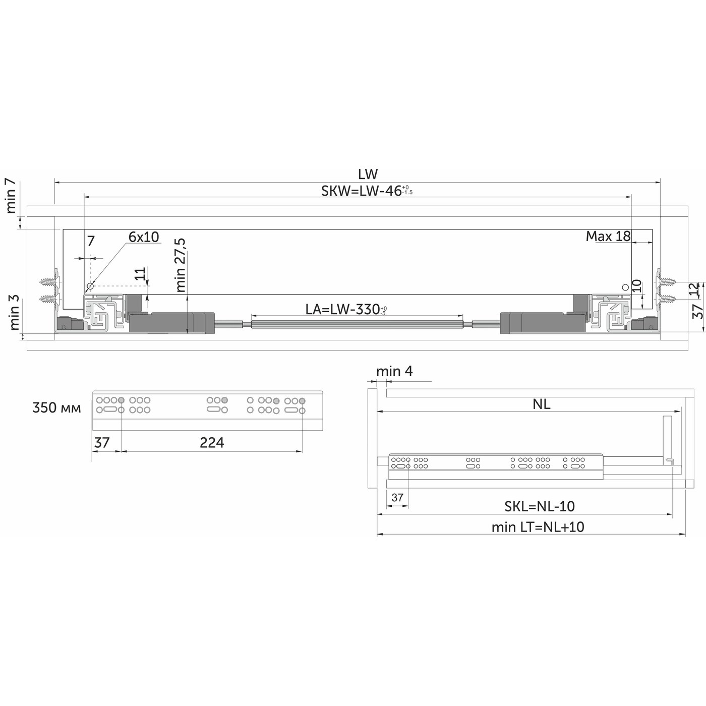 Направляющая скрытого монтажа L-350 push to open+довод ДСП16-18mm с замками левая+правая AKS 92936