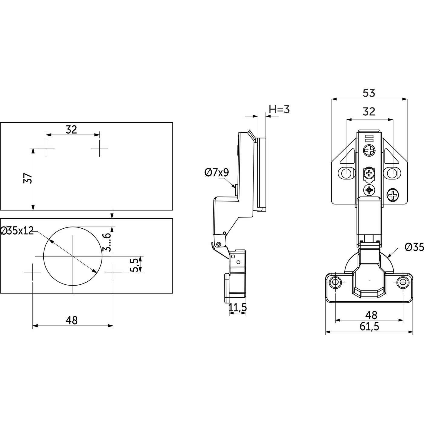 Петля вкладная 07 H3 с 3D-регулировкой, с доводчиком, с накладками, clipon AKS PLUS 91835