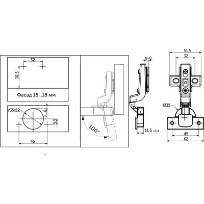 Петля вкладная 07 без доводчика 45мм h0 clip-on с пружиной обратного действия б/еврошурупа AKS 82290