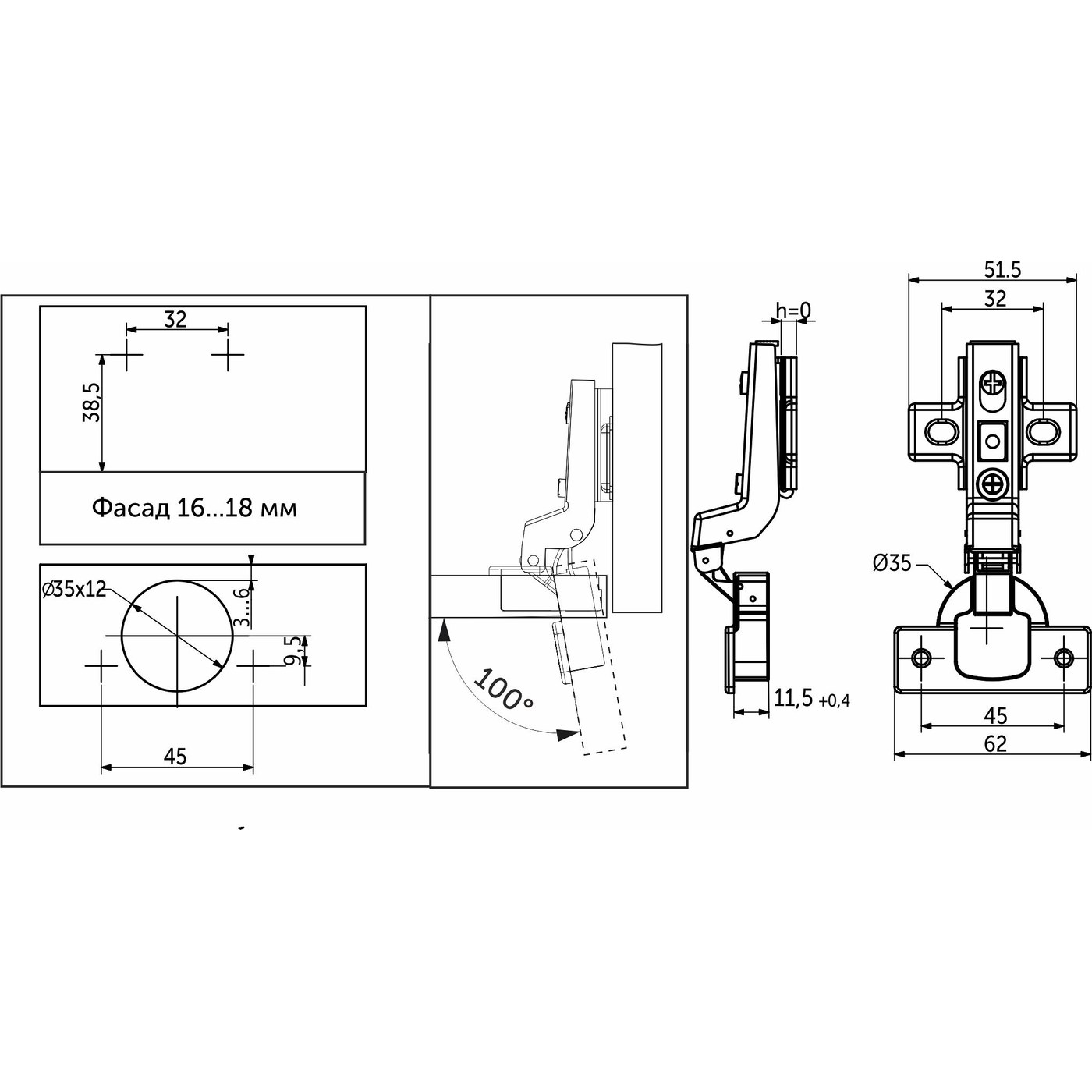 Петля вкладная 07 без доводчика 45мм h0 clip-on с пружиной обратного действия б/еврошурупа AKS 82290