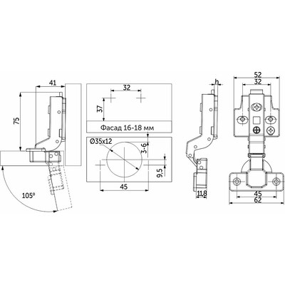 Петля вкладная 07 с доводчиком 45мм h0 clip-on 3D рег-ка к-т заглушек с саморезами AKS PRIME 104943