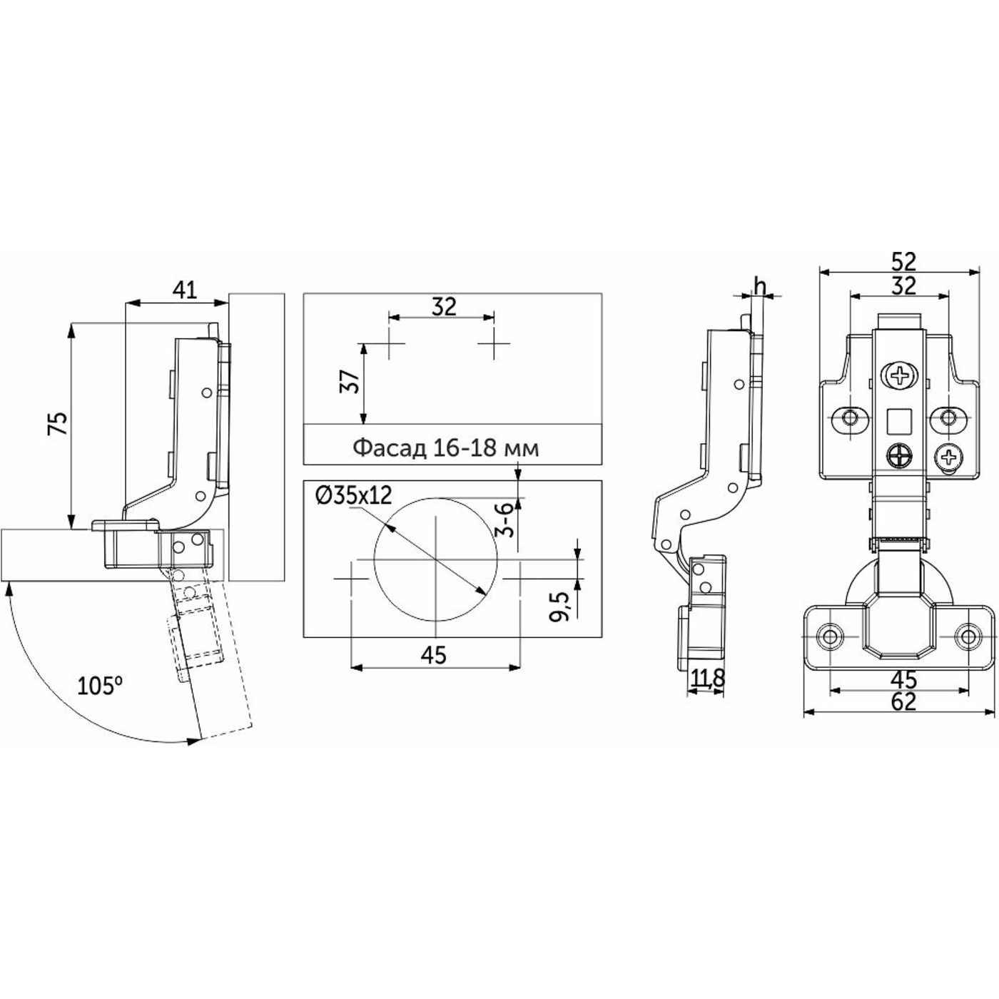 Петля вкладная 07 с доводчиком 45мм h0 clip-on 3D рег-ка к-т заглушек с саморезами AKS PRIME 104943