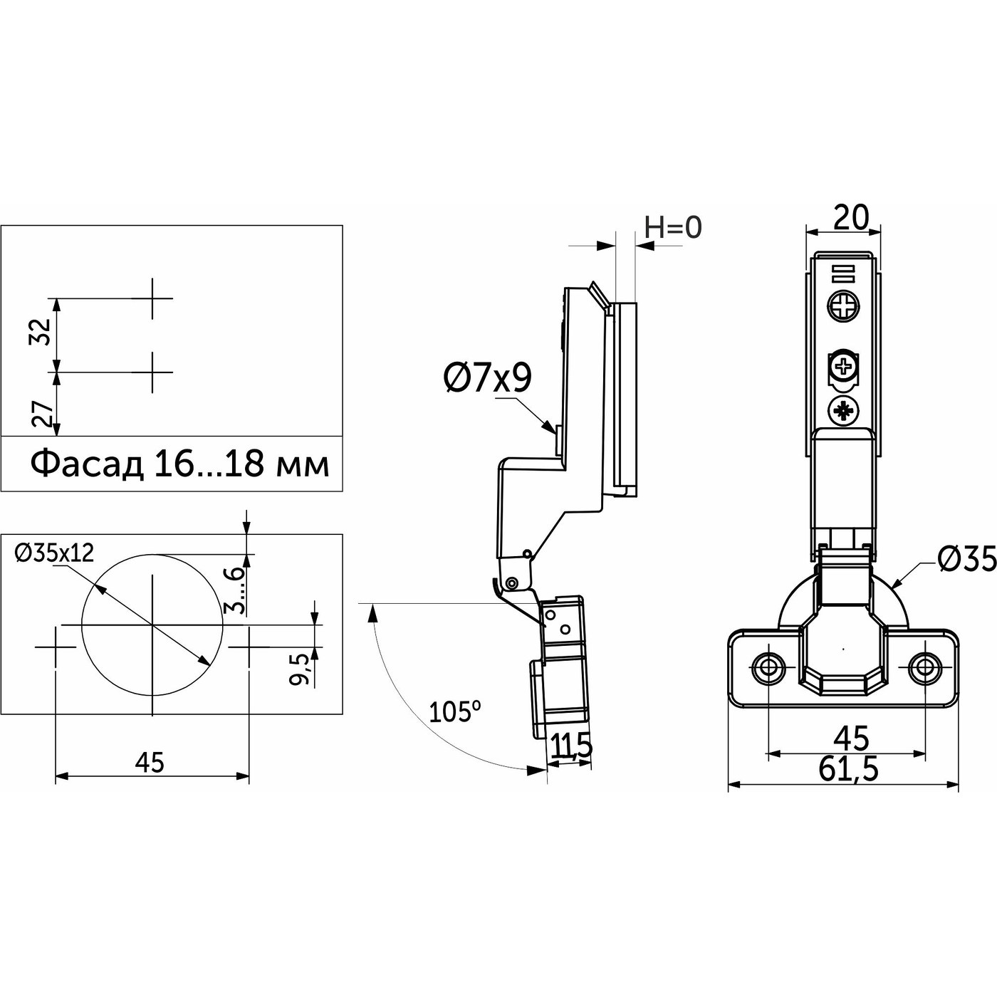 Петля вкладная 07 с доводчиком 45мм h0 clip-on УЗКАЯ 3D рег. к-т заглушек+сам,черная AKS PLUS 80557