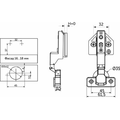 Петля 3Dгидрав.внутренняя 07, 45мм с крпел.Н-0, накладная, шурупы, clip-on AKS PLUS 89951