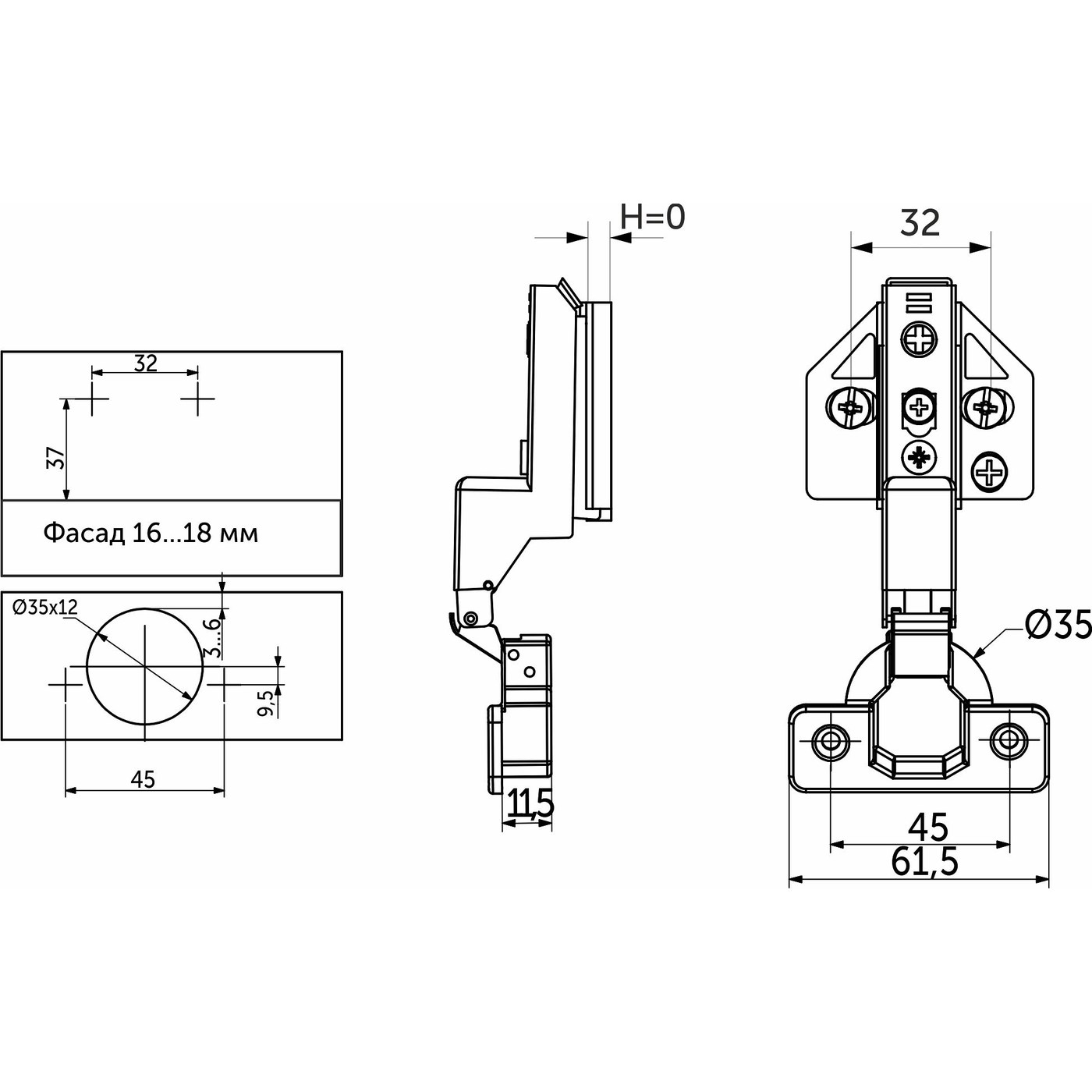 Петля 3Dгидрав.внутренняя 07, 45мм с крпел.Н-0, накладная, шурупы, clip-on AKS PLUS 89951