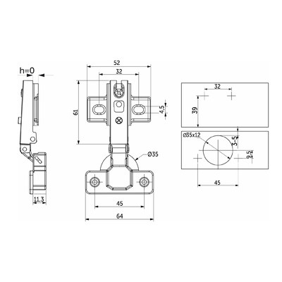 Петля накладная 09, с креплением h0 ,без шурупа 52 гр. AKS LIGHT 29244