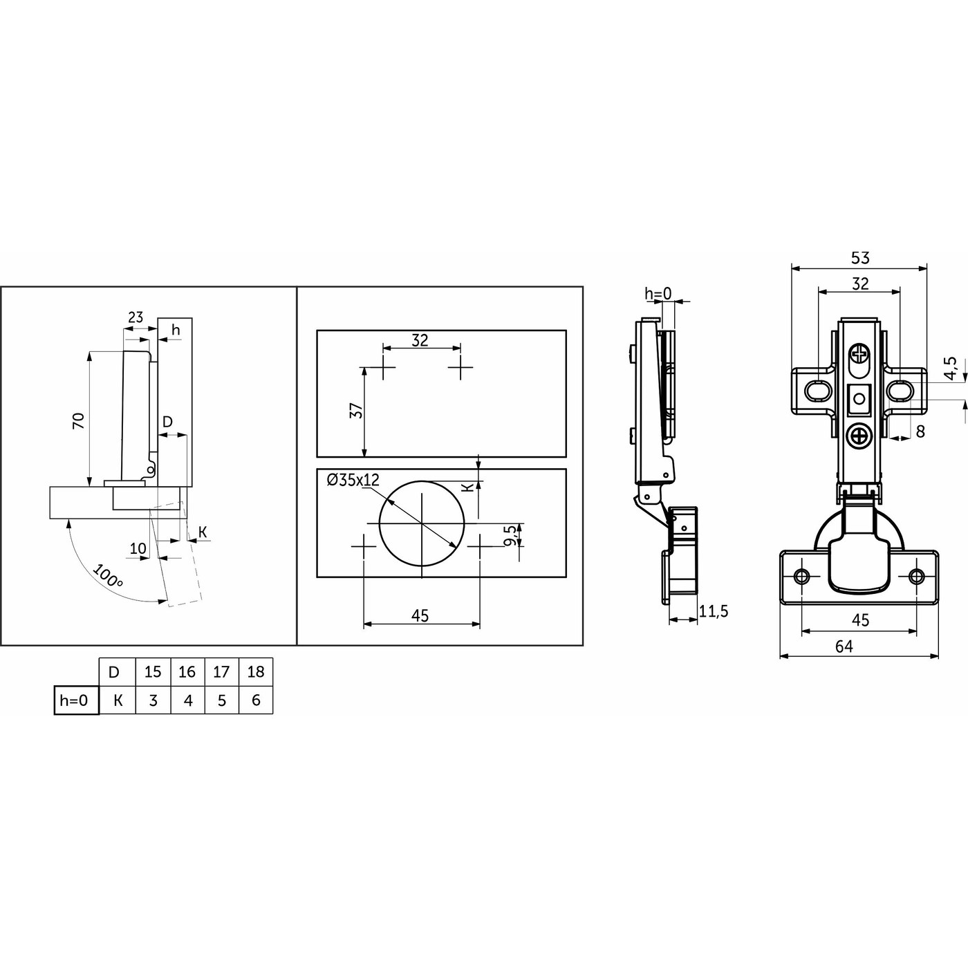 Петля накладная 09, с доводчиком, 45мм планка h0 clip-on б/еврошурупа (аналог 11152) AKS 24153