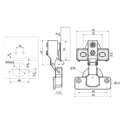Петля накладная 09 с доводчиком 48мм, планка h2, с коротким плечом б/еврошурупа AKS 84806